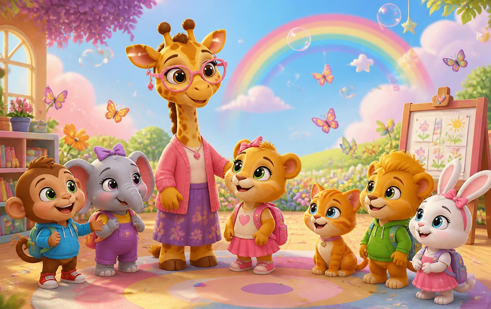Luna la petite lionne, Mme Girafe et tous les amis de Luna Kids dans leur école arc-en-ciel